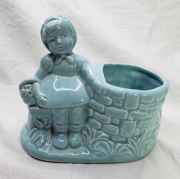 Vintage Blue Planter Girl at Well with Artificial Flowers 5 x 3 x 5 Inches - Picture 4 of 12